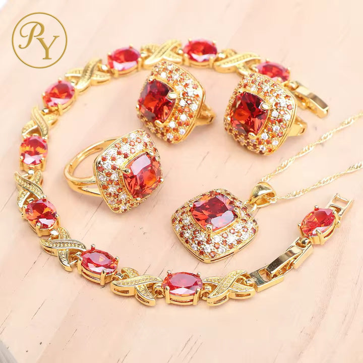 Parure Diamora A – Rouge Rubis & Plaqué Or 18K